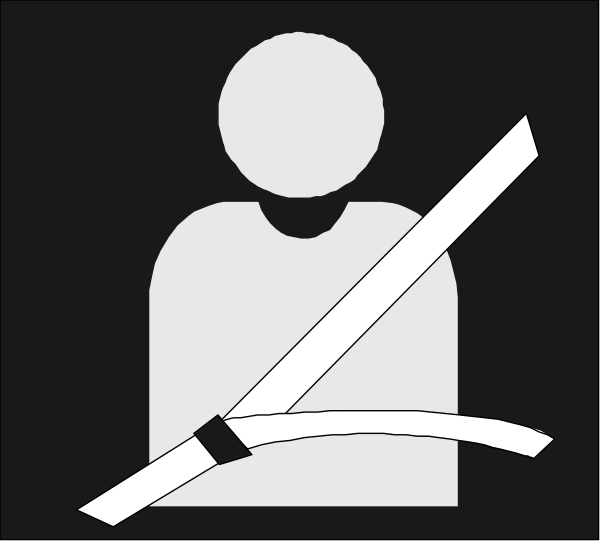 The image shows a black silhouette of an adult male figure seated inside a vehicle with his seatbelt fastened around him; there is no background detail visible in this small clip-art representation.