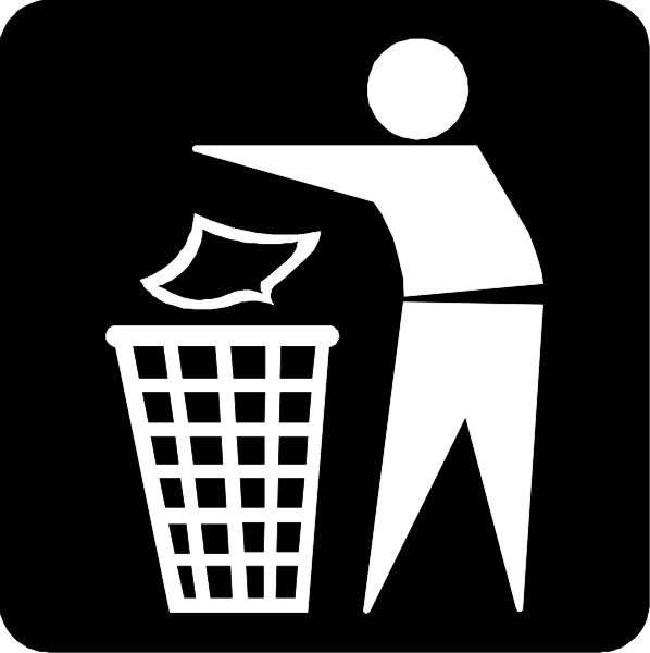The black and white icon depicts a person pointing to an overflowing trash can with their right hand while standing on its left side.