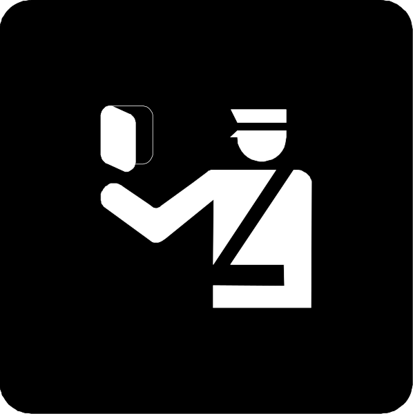 The image shows a black and white icon of an airport security officer holding up his badge to someone who is standing behind him with their hands outstretched as if offering something in exchange for being checked by the official, possibly indicating that this person has been cleared or allowed through customs control at an airport.
