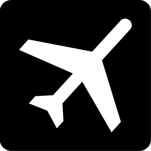 The black silhouette of an airplane on a white background with no additional context provided about its location within space.