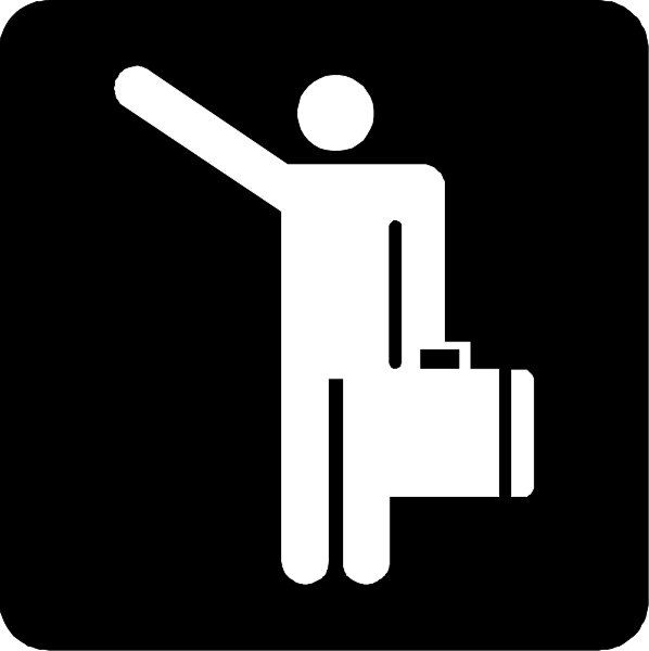The image shows a black silhouette of an iconic figure from pop culture holding up their hand as if hailing a taxi with one finger while standing next to luggage that resembles suitcases.