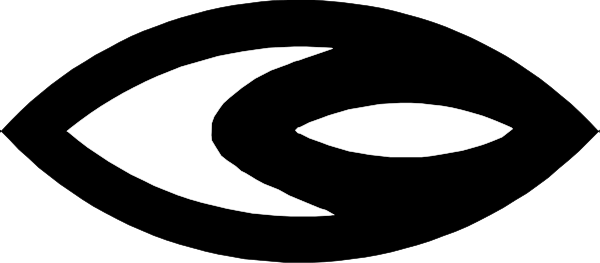The image shows a black and white logo with an abstract design that includes two shapes resembling eyes on either side of what appears to be a stylized letter 'c' in between them.