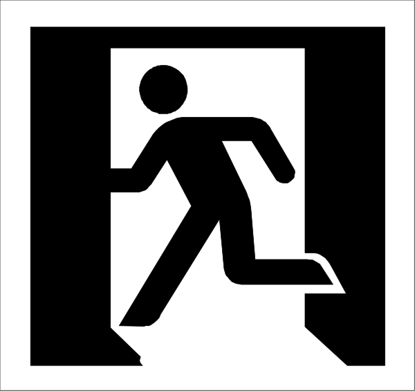 The black and white silhouette of a person walking through an open door with stairs leading downward to their right side in front of them.