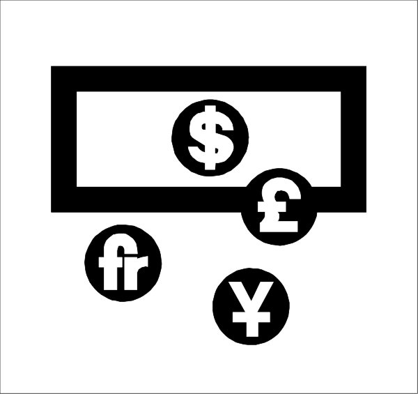 The black and white illustration shows a money box with various currency symbols such as dollars, pounds sterling, euros, yen, and Bitcoin around it on what appears to be an online shopping cart icon background.