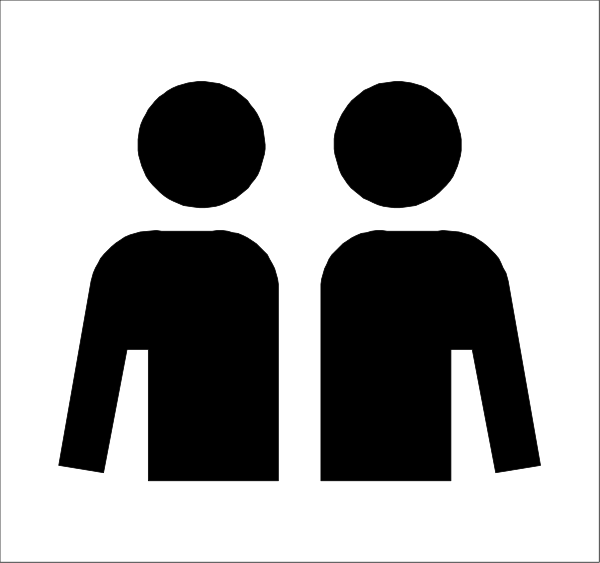 The image shows a black silhouette of two figures standing side by side against a white background within what appears to be an icon representing restroom facilities in public spaces like malls or stores.