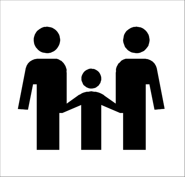 The image shows a black silhouette of three figures: an adult standing on either side with their arms around two children in between them; all four characters appear to be facing forward towards something outside the frame.