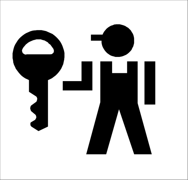 The image shows a black silhouette of an individual holding keys next to another figure that appears to be carrying tools; both figures seem to represent workers in some capacity due to their attire and accessories.