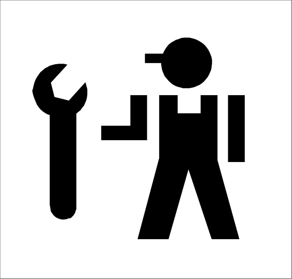 The image shows a black silhouette of an individual holding tools next to two wrenches on either side; there is also a small icon depicting a person with a tool belt above them in white, and below that symbol, another smaller figure appears to be using one of the wrenches.