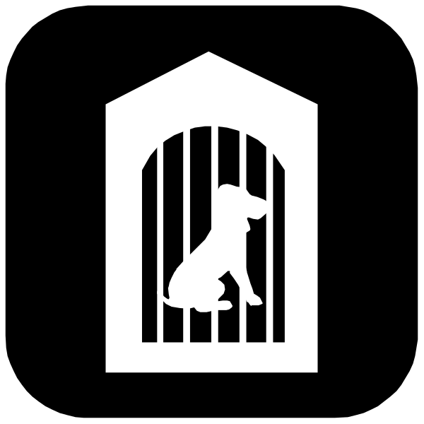 The black and white logo features a dog inside an animal cage with bars on all sides against a dark background.
