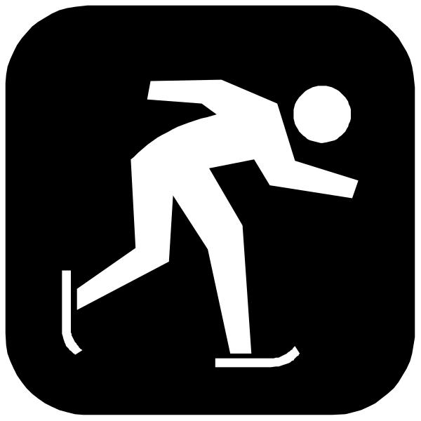 The black and white silhouette of a person running with skis on their feet against an arrow pointing to the right.