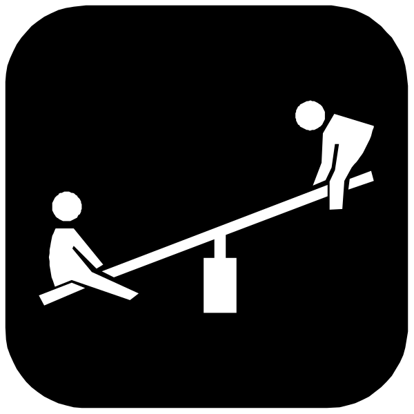 The black and white illustration shows a seesaw with two figures on it: an adult figure standing upright atop the left side of the see-saw while holding onto its end to maintain balance; directly opposite, there is another smaller figure seated in front of them as if they are about to push off from their feet. The setting appears to be indoors or a controlled environment with no additional context provided by background elements.