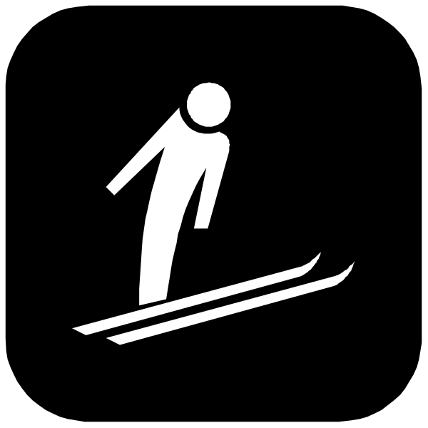 The black and white icon depicts a person on skis with their arms outstretched for balance while skiing downhill in an active pose.