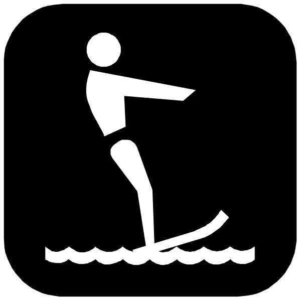 The black and white silhouette of a person water skiing on calm waters with an icon indicating it's for men only in front of them.
