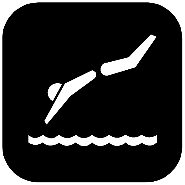 The black and white icon shows a swimmer diving into water with an arrow pointing upwards to indicate motion above it.