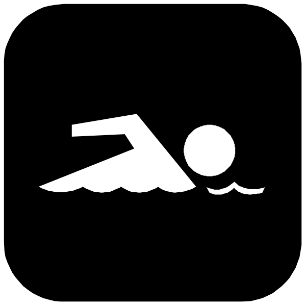 The black and white logo features a swimmer with an arm extended above water level, suggesting movement through swimming pools.