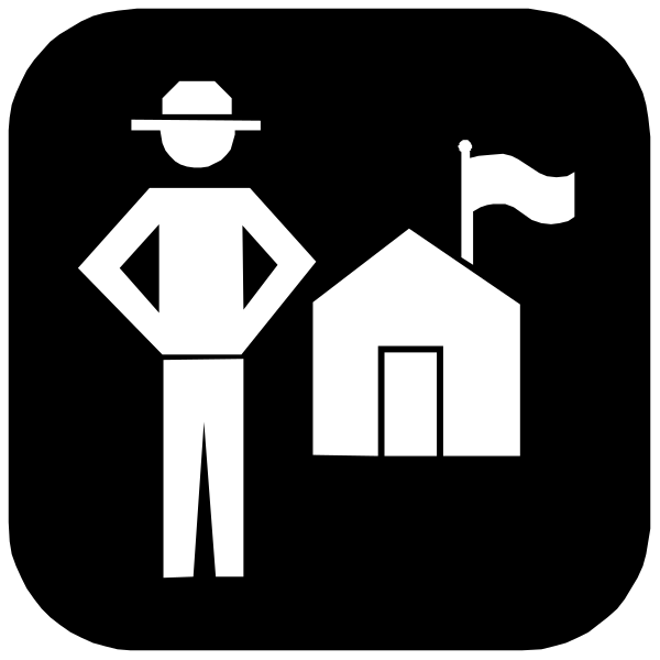 The black and white icon features a man standing next to an illustrated house with a flag on top; both figures appear as silhouettes against a dark background.