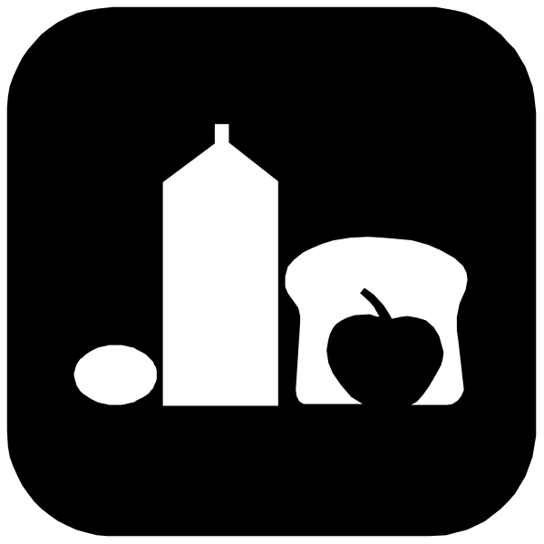The black and white icon features a cartoon depiction of an apple with a bite taken out on its side next to two other items: one is labeled "milk" in English text above it, suggesting that this item represents milk; below these three objects there's another object which appears to be bread or some kind of baked good. The image has no people, animals, actions, setting details provided within the given context and description.