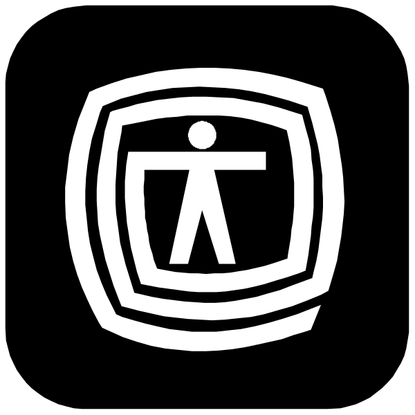 The black and white logo of a company with an icon inside it that represents a person standing next to another figure which appears to be walking away from them.