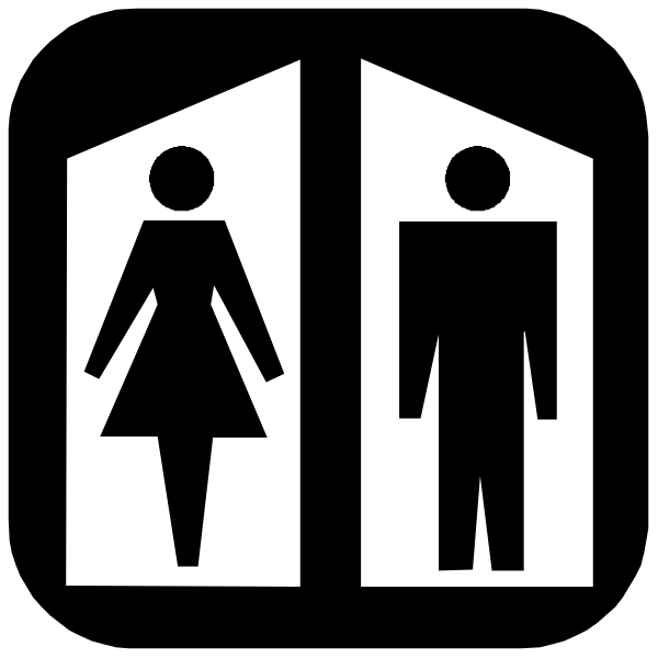 The black and white sign shows a man and woman figure standing side by side with their backs to each other under an open door symbolizing accessibility for both genders in restrooms.