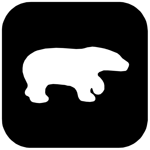 The black silhouette of a bear on top of an iceberg with water below it against a white background.