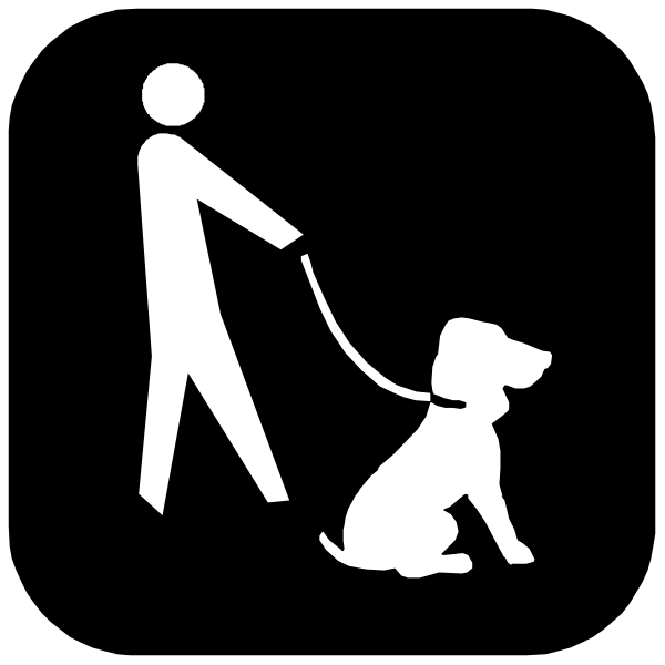 The black silhouette of a person walking their dog on a leash against a white background with no additional details provided in this clip-art image.