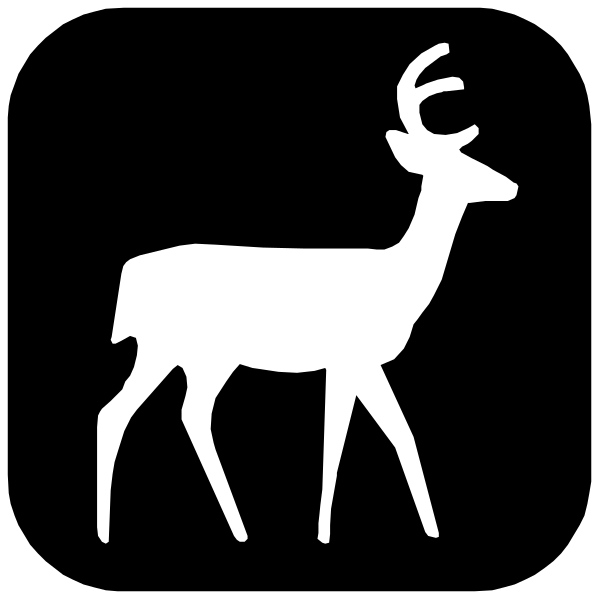 The black and white silhouette of a deer standing upright on its hind legs with antlers visible against an untextured background.