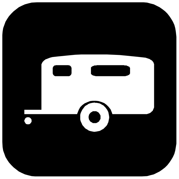 The black and white icon shows a caravan with wheels on it parked next to an open road signifying travel or camping.