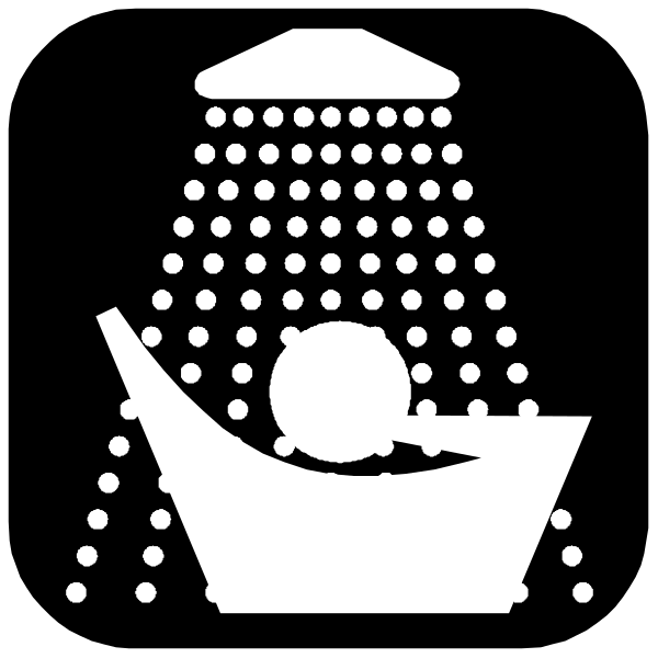 The black and white silhouette of a person sitting on top of an open umbrella inside a bathtub with water droplets falling around them.