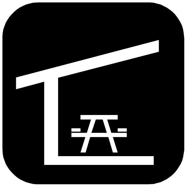 The black and white logo features a stylized house with an open door on top of it next to what appears to be a table inside another box-like structure that resembles a building plan.