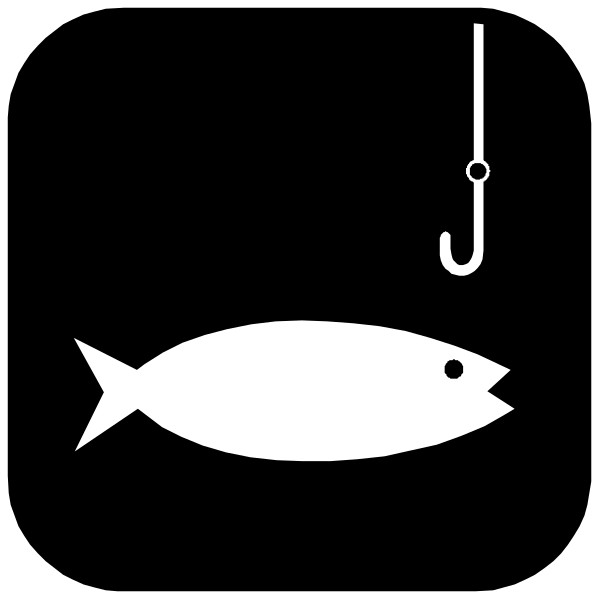 The black and white silhouette of a fish with an eye hooked into its mouth next to it is hanging from what appears to be a fishing pole in front of a background that suggests water.