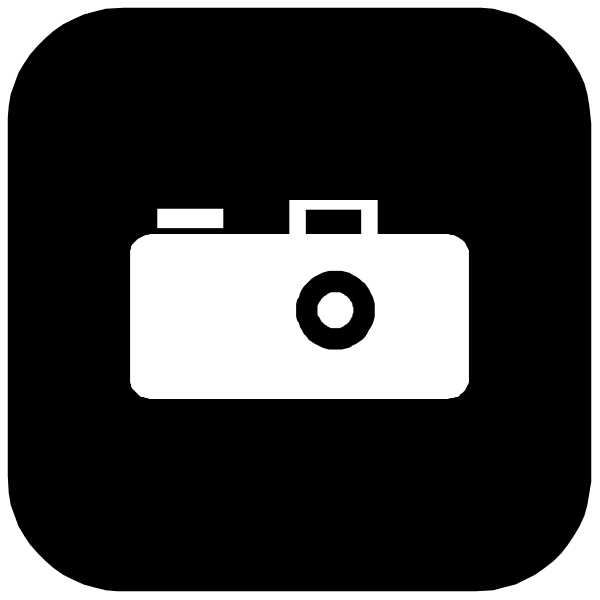 The image shows a camera icon with an attached lens on it against a black background.