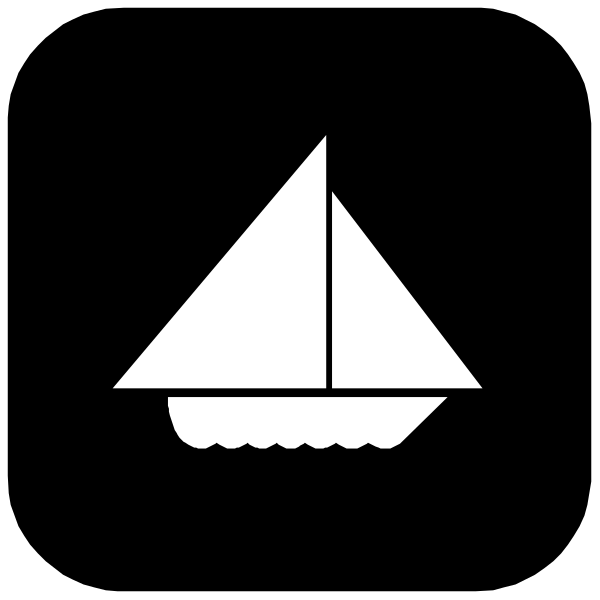 The black and white logo features a sailboat with sails down on water against an open sky background.