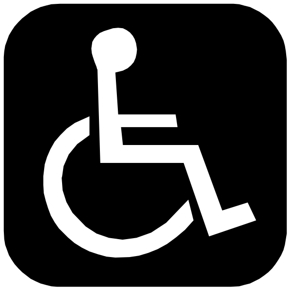 The image shows a black silhouette of an adult wheelchair with white text indicating it's for handicap use on top right corner against dark background.