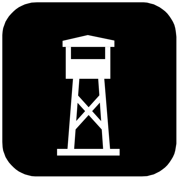 The black and white icon features a fire hydrant with an open top next to it is a small building that resembles a lifeguard tower.