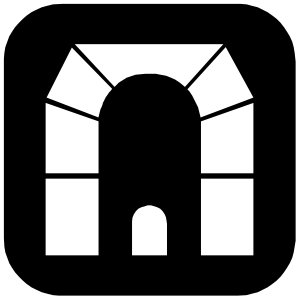 The black and white logo of a building with an archway on top.