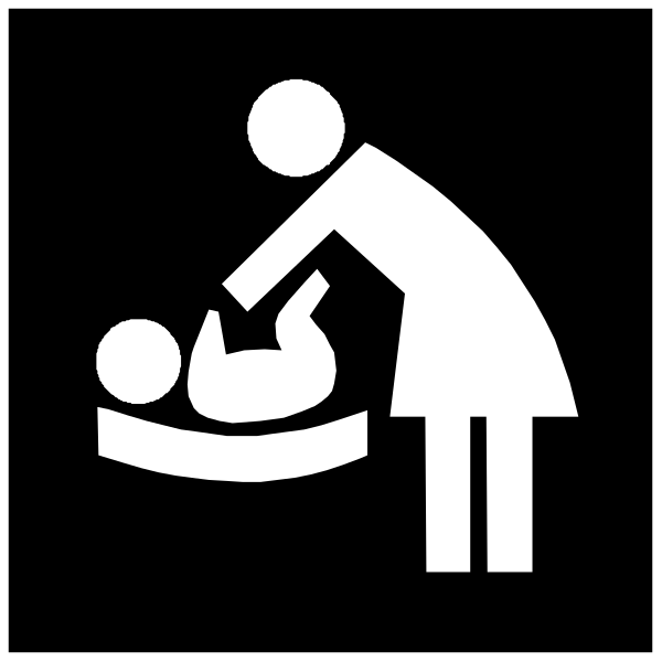 The black and white icon depicts a woman holding an infant while standing next to what appears to be a baby changing station with another child sitting on it.
