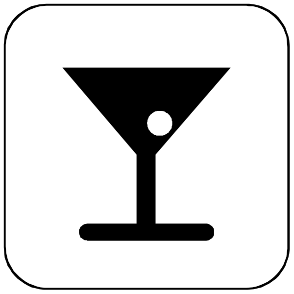 The image shows a simple icon with three symbols: on top left there's an upside down wine glass indicating alcohol; in the center is a martini shaker symbolizing cocktails; below that, to the right of both other icons, is another drink-related item resembling a beer tap. The background and setting are not visible or described as they do not exist within this icon set. There's no text present in the image either. It appears to be an abstract representation commonly used for menus at bars or restaurants that serve alcoholic drinks, such as cock