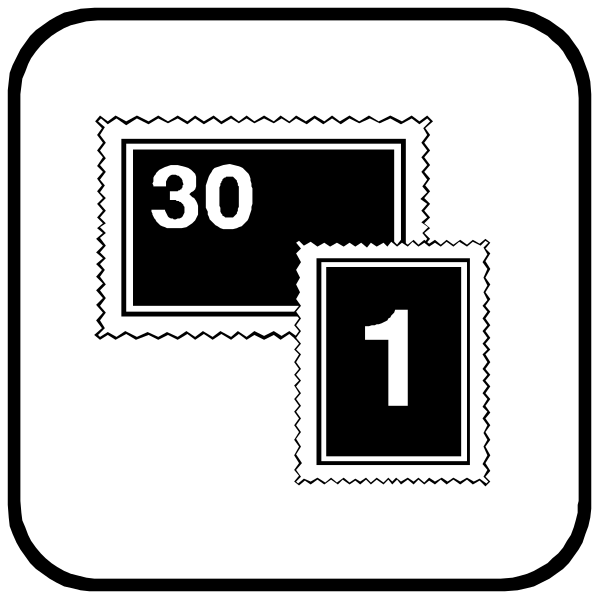The image shows a black square with three postage stamps on it: two at the top left corner displaying "30" in white numbers against a dark background; one larger stamp centered below them showing an icon of money bags and also containing the number 1, indicating that this is likely part of some sort of lottery or sweepstakes ticket. The style appears to be minimalist with simple line art representing objects rather than detailed illustrations. There are no people, animals, actions, or settings depicted in this image; it focuses solely on these three stamps and the number