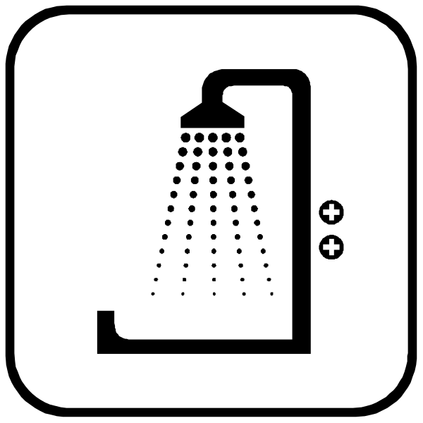 The black and white icon depicts a shower head with two buttons on either side of it, indicating hot and cold water options.