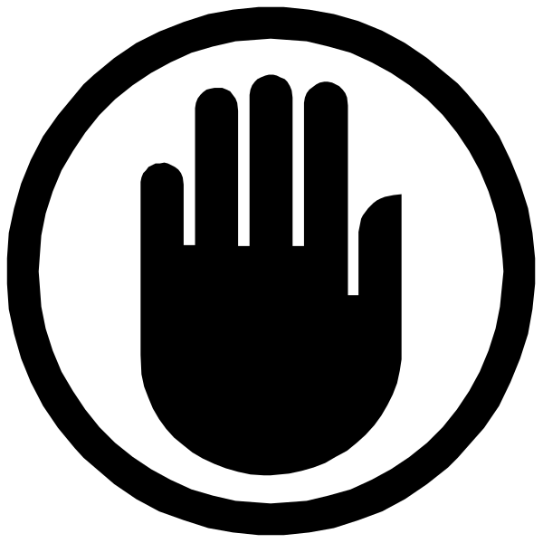 The image shows a black and white icon of an octagon with a hand inside it holding up two fingers to represent "stop" in sign language.