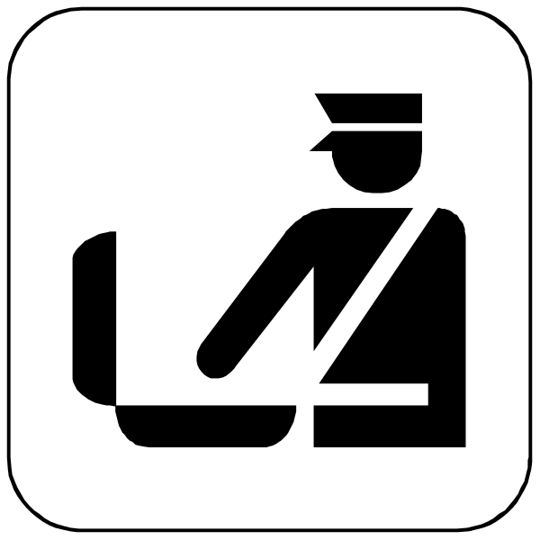 The image shows a black and white icon with two figures: on top left is an airplane symbol indicating travel assistance for disabled passengers; below it to its right is another figure of a person sitting in front of what appears to be a laptop, suggesting online services or information accessibility.