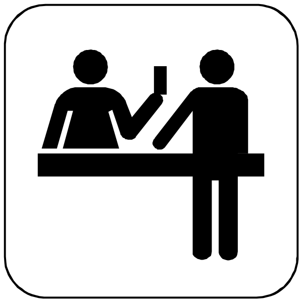 The sign depicts a restaurant scene with two figures: on top left there is an icon of someone holding up their hand to order food at a counter; below it shows another figure standing behind the same counter as if serving customers, and next to them appears a credit card machine symbolizing payment options for transactions.