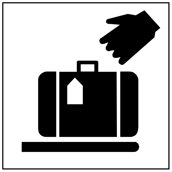 The black and white sign shows a hand reaching out to grab an open suitcase with tags on it from below another smaller image of a closed briefcase being held by someone's hands above it.