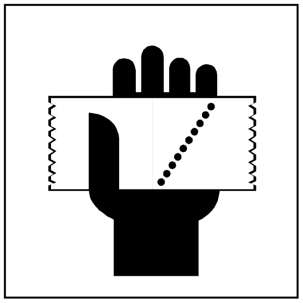 The image shows a black and white icon of an open hand with fingers spread out holding what appears to be a small piece of paper that has been torn off from something larger; above this is another smaller illustration showing two hands, one on top of the other, each grasping or touching different parts of the same large sheet of paper.