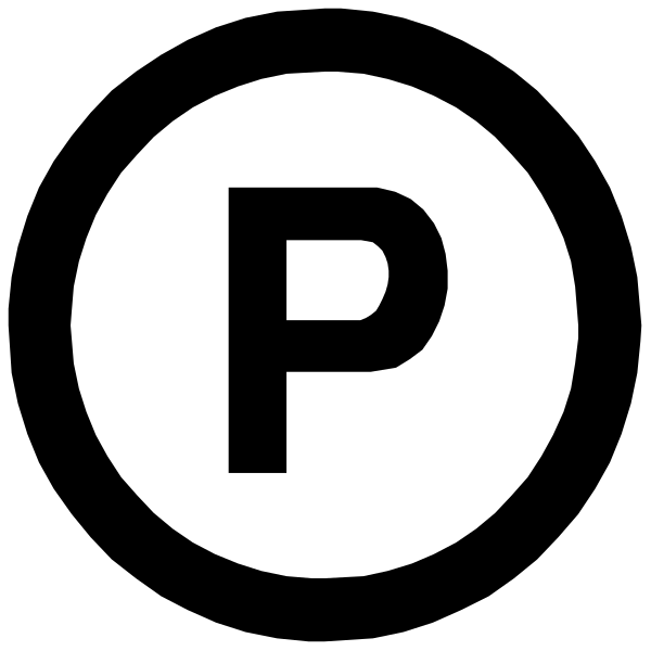 The image shows a black letter 'P' inside an oval with white border on a dark background.