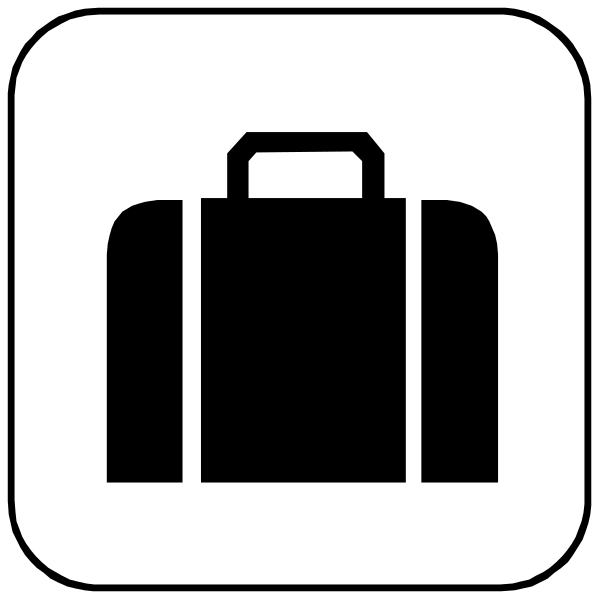 The image shows a black icon with three white symbols: on top left there is an open suitcase; below it to its right, in the center of the picture, appears a briefcase symbolizing luggage storage; and at bottom right, another bag-like object resembling a piece of rolling luggage.