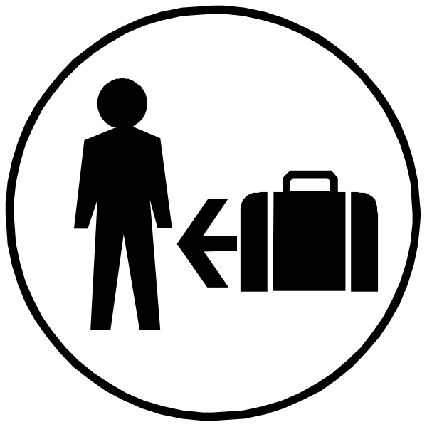 The black and white icon shows a person standing next to an arrow pointing right with luggage beside them on their left side.