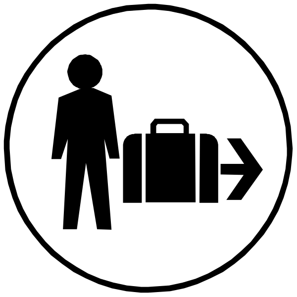 The black and white icon depicts a person standing next to an arrow pointing right with luggage beside them, indicating travel directionality in public transportation settings like airports or train stations.