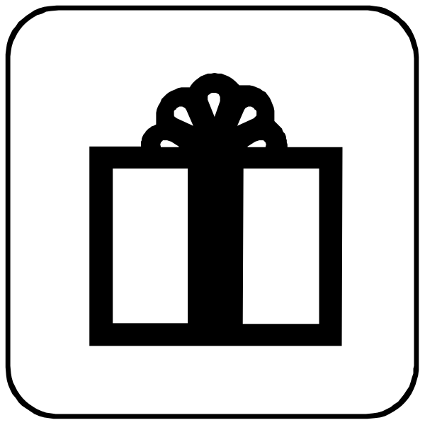 The image shows a white icon with two black lines forming an 'x' shape on top of each other; to their right is another symbol that resembles a wrapped gift box with ribbon handles at its corners, and below it there appears to be three vertical bars or stripes in the same color as the rest.