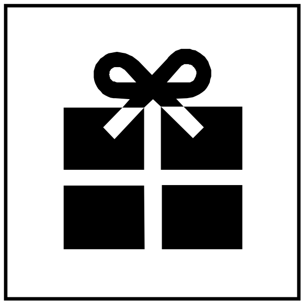 The image shows a black and white icon of an unwrapped gift with a bow on top inside two squares against different backgrounds; one square is filled in while the other has lines indicating it's empty, suggesting that something can be added to complete this set or concept.
